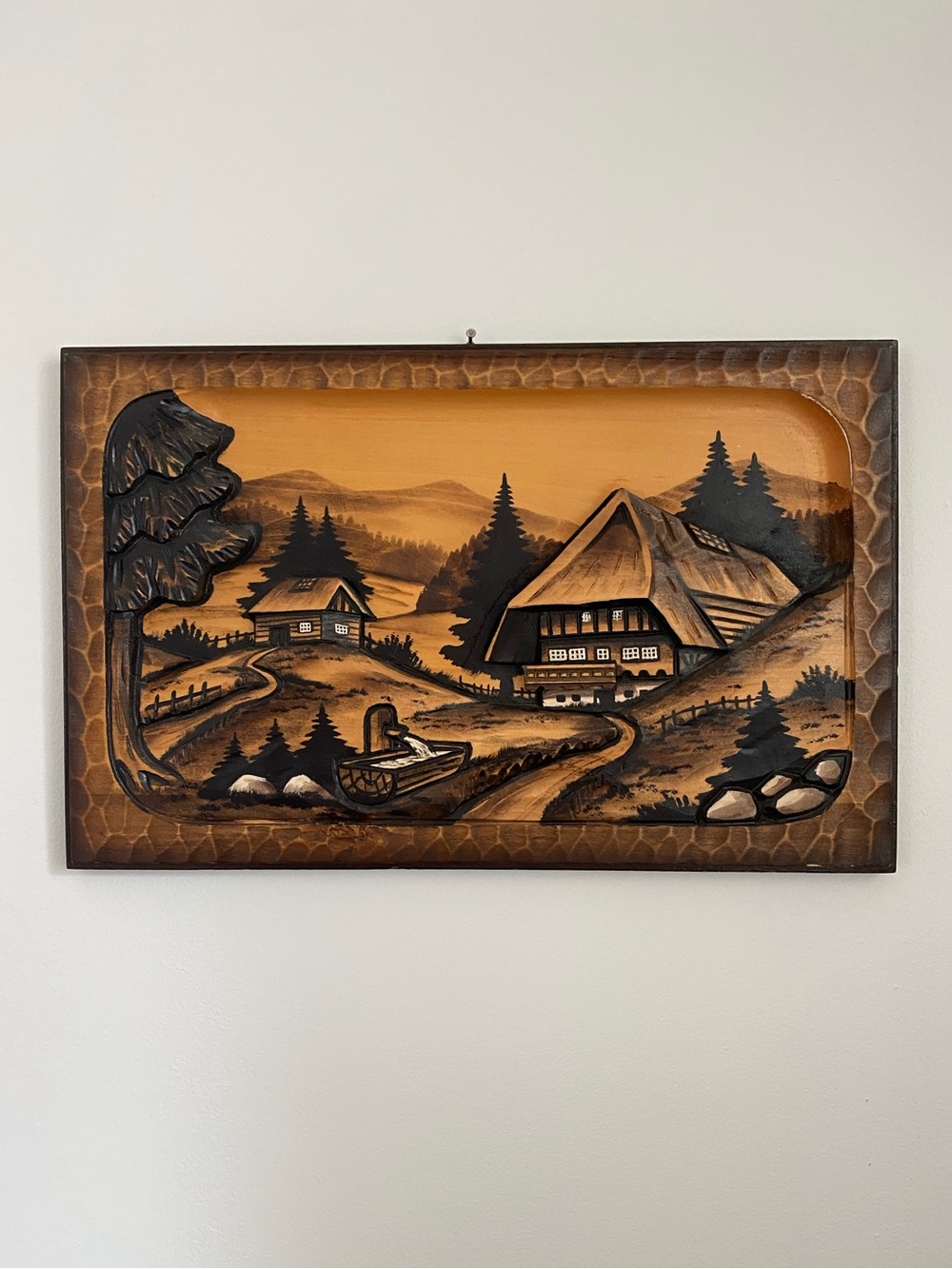 Vintage German Black Forest 3D Hand-Carved Wood Wall Plaque Alpine Chalet